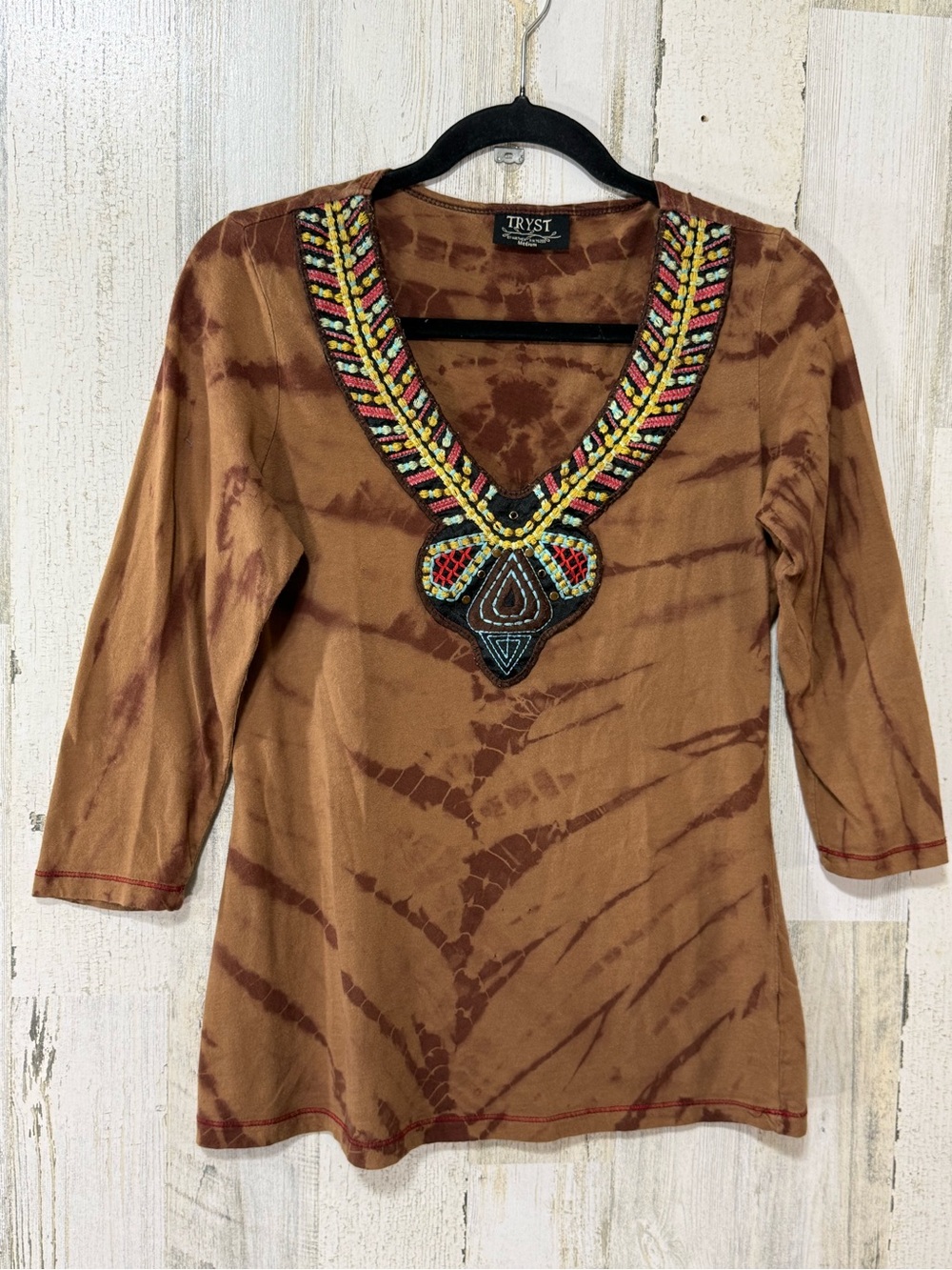 Tryst Brown Tie-Dye V-Neck Tunic with Beaded Embroidered Embellishment - Picture 3 of 9